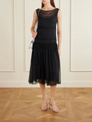 Pleated lace-trimmed silk-georgette midi dress