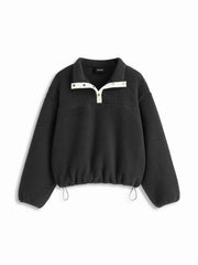 Fleece Collar Drawstring Button Long Sleeve Sweatshirt