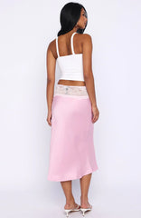 For A Long Time Lace Trim Midi Skirt Pink
