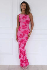 Women's Pink Floral Embroidered Maxi Dress - Bodycon Sleeveless Formal