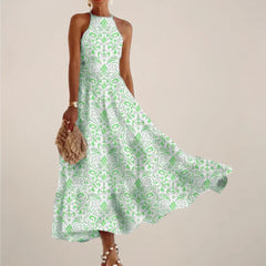 Women’s Printed Halter Neck Maxi Dress – A-Line Flowy Summer Dress