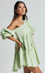Harleen Mini Dress - Linen Asymmetrical Trim Puff Sleeve Dress in Sage