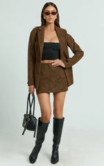 Gretchen Mini Skirt - High Rise Faux Suede Skirt in Brown