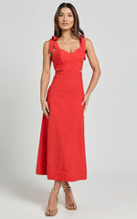 Giana Midi Dress - Shoulder Tie Cut Out Thigh Split Dress in Red