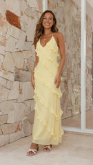 Women’s Ruffle Maxi Dress – Halter Neck, Tiered Layers