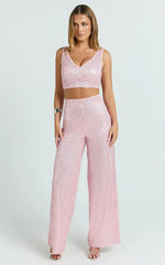 Abela Two Piece Set - Crop Top and Wide Leg Pants Set in Pink Sequin