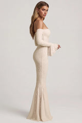 Off-Shoulder Ruffle Lace Maxi Dress in Ivory