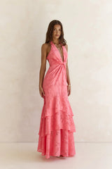 Heartbeat Haze Halter Maxi Dress Coral Orange