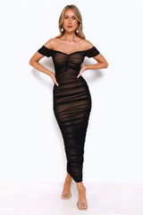 Power Moves Off Shoulder Mesh Maxi Dress Black