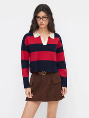 Knit Stripe Polo Collar V-neck Long Sleeve Oversized Top