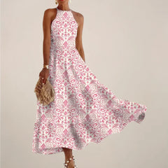 Women’s Printed Halter Neck Maxi Dress – A-Line Flowy Summer Dress