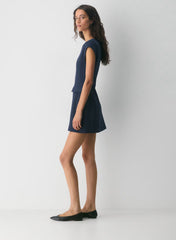 Crepe crewneck mini dress with cap sleeves- indigo ink