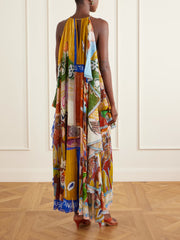 Mlak draped printed organza halterneck midi dress