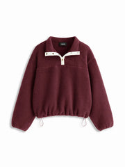 Fleece Collar Drawstring Button Long Sleeve Sweatshirt