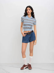 Knit Polo Collar Stripe Short Sleeve Top