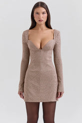 Angelie-Brown Puppytooth Check Plunge Mini Dress - SALE