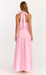 Anya Two Piece Top and Skirt Set - Gathered Halted Neck Top And High Waist Maxi Skirt in Pink