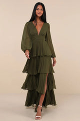 Graceful Finesse Olive Green Pleated Long Sleeve Maxi Dress