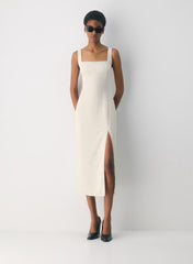 Squareneck matte satin dress with thigh slit