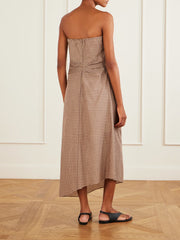 Sleeveless knot-detailed draped checked cotton midi dress
