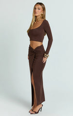 Owen Two Piece Top and Skirt Set - Long Sleeve Crop Top and Knot Front Maxi Skirt Set in Chocolate