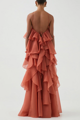 Caysie Halter Floral Ruffle Layered Maxi Dress - Orange