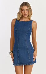 Oriana Mini Dress - Boat Neck Bow Back Dress in Dark Mid Blue Wash