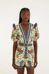 Light Green Floral Delhi Tapestry Belted Romper