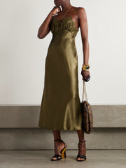 Lace-trimmed silk-satin midi dress