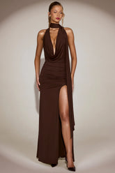 Soft-Jersey Plunge Halterneck Maxi Dress in Chocolate Brown