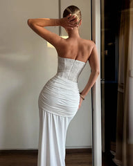 White Sweetheart Sleeveless Beaded Elegant Pleated Prom Dress