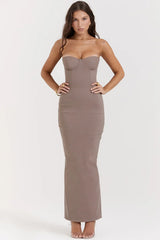 taupe strapless corset maxi dress