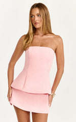 Pauline Two Piece Top and Skirt Set - Strapless A Line Top and Mini Skirt Set in Pink