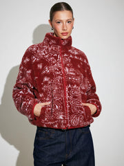 Fleece Stand Collar Paisley Print Oversized Jacket