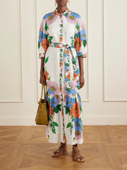 Bianca linen-blend floral midi dress