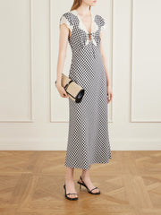 Amari bow-detailed lace-trimmed checked woven midi dress