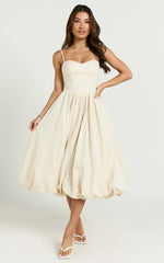 Kara Midi Dress - Strapped Bustier Bubble Hem Dress in Cream