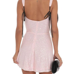 Sequin Black Ribbon A-line Dress in Pink