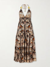 Embellished printed shirred tiered georgette halterneck midi dress