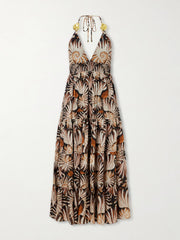 Embellished printed shirred tiered georgette halterneck midi dress