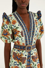 Light Green Floral Delhi Tapestry Belted Romper