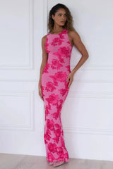 Women's Pink Floral Embroidered Maxi Dress - Bodycon Sleeveless Formal
