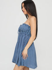 Held My Breath Strapless Babydoll Mini Dress Blue Gingham