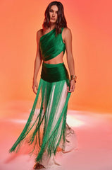 GINA SINGLE SHOULDER FRINGE TOP IN KELLY GREEN