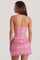 Embellished Draped Strapless A-Line Mini Dress in Pink