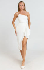 Marcelita Midi Dress - One Shoulder Drape Detail Faux Wrap Dress in White