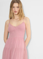 Chiffon tiered V-neck midi dress— tart pink