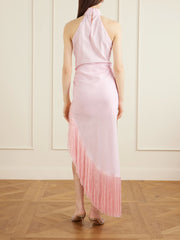 Athena halterneck fringe-trimmed linen midi dress