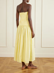 Strapless ruched organic cotton-poplin midi dress