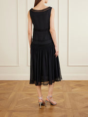 Pleated lace-trimmed silk-georgette midi dress